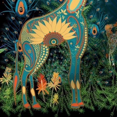 Whimsical Giraffe Safari with Peacock Feathers Lighting Sky!