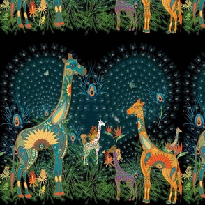 Whimsical Giraffe Safari with Peacock Feathers Lighting Sky!