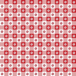 Poppy Red  and White Gingham Floral Check with Center Floral Medallions in Poppy Red and White