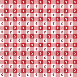 Poppy Red and White Gingham Easter Check with Center Bunny Medallions in Poppy Red and White