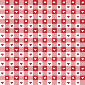 Poppy Red and White Gingham Valentines Check with Center Heart Medallions in Poppy Red and White