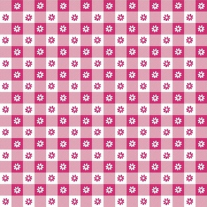 Bubble Gum  and White Gingham Floral Check with Center Floral Medallions in Bubble Gum and White