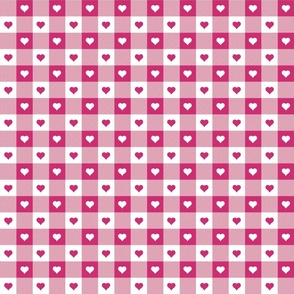 Bubble Gum and White Gingham Valentines Check with Center Heart Medallions in Bubble Gum and White