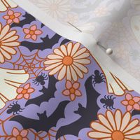 Small Retro Halloween Floral Ghosts with Bats and Spider Webs on Periwinkle Purple