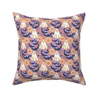 Small Retro Halloween Floral Ghosts with Bats and Spider Webs on Periwinkle Purple