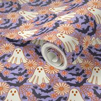 Small Retro Halloween Floral Ghosts with Bats and Spider Webs on Periwinkle Purple