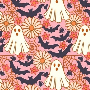 Medium Retro Halloween Floral Ghosts with Bats and Spider Webs on Pink 