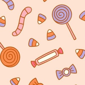 Medium Retro Halloween Treats Candy Corn, Lollipops, Gummy Worms on Light Pink