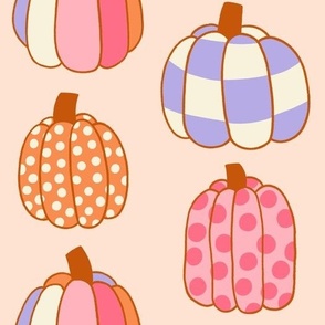 Large Retro Halloween Painted and Patterned Pumpkins on Light Pink