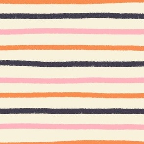 Medium Retro Halloween Pink, Orange, and Black Hand Drawn Textured Stripes on Cream White