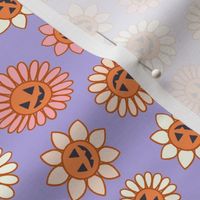 Small Retro Halloween Jack-O-Lantern Flowers in Cream White and Blush Pink on Lilac Purple