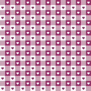 Berry and White Gingham Valentines Check with Center Heart Medallions in Berry and White