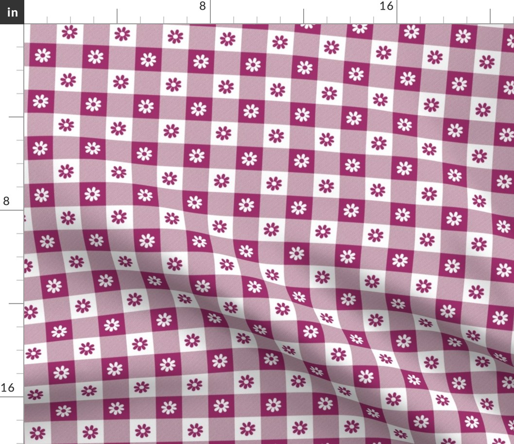 Berry  and White Gingham Floral Check with Center Floral Medallions in Berry and White