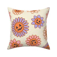Large Retro Halloween Jack-O-Lantern Flowers in Lilac Purple and Pink on Cream White