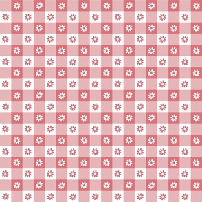Watermelon  and White Gingham Floral Check with Center Floral Medallions in Watermelon and White