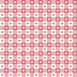 Watermelon and White Gingham Valentines Check with Center Heart Medallions in Watermelon and White