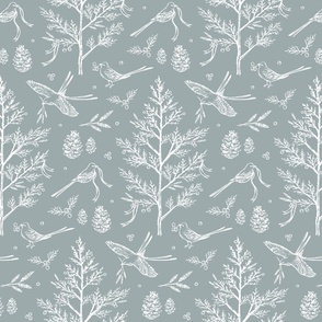 Woodland Birds in Nature Toile for Fabric & Wallpaper - Blue & White