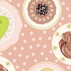 Large Swedish Fika Pastries Princess Cake Cinnamon Bun Chocolate Balls on a Polka Dot Blush Pink Background