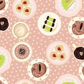 Medium Swedish Fika Pastries Princess Cake Cinnamon Bun Chocolate Balls on a Polka Dot Blush Pink Background
