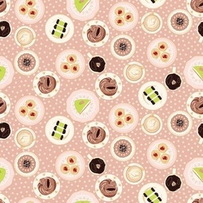 Small Swedish Fika Pastries Princess Cake Cinnamon Bun Chocolate Balls on a Polka Dot Blush Pink Background