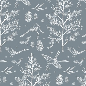 Woodland Birds in Nature Toile for Fabric & Wallpaper - Denim Blue & White