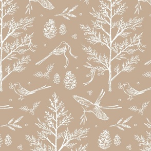 Woodland Birds in Nature Toile for Fabric & Wallpaper - Light Brown & White
