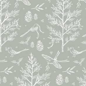 Woodland Birds in Nature Toile for Fabric & Wallpaper - Sage Green & White