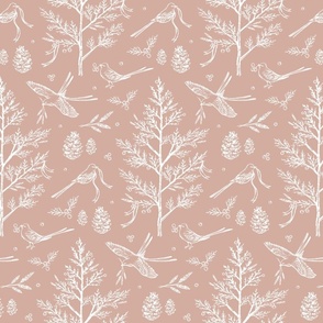 Woodland Birds in Nature Toile for Fabric & Wallpaper - Blush Pink & White