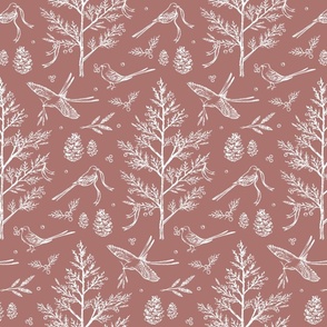 Woodland Birds in Nature Toile for Fabric & Wallpaper - Muted Red & White