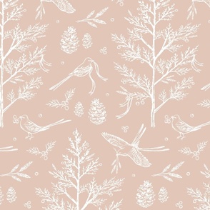Woodland Birds in Nature Toile for Fabric & Wallpaper - Light Pink & White