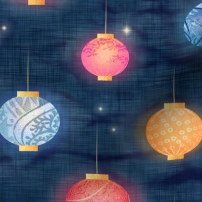 Paper Lanterns and Fireflies (xl scale) | Chinese lanterns on an indigo blue shibori linen background, Chinese New Year, Lunar New Year, Spring Festival, multicolored lanterns, Korean New Year, patterned lanterns on dark blue..