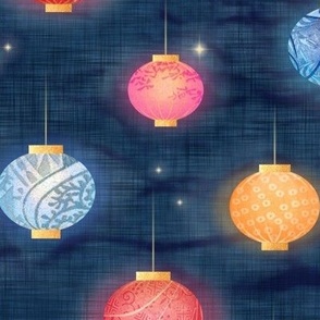 Paper Lanterns and Fireflies (xl scale) | Chinese lanterns on an indigo blue shibori linen background, Chinese New Year, Lunar New Year, Spring Festival, multicolored lanterns, Korean New Year, patterned lanterns on dark blue..