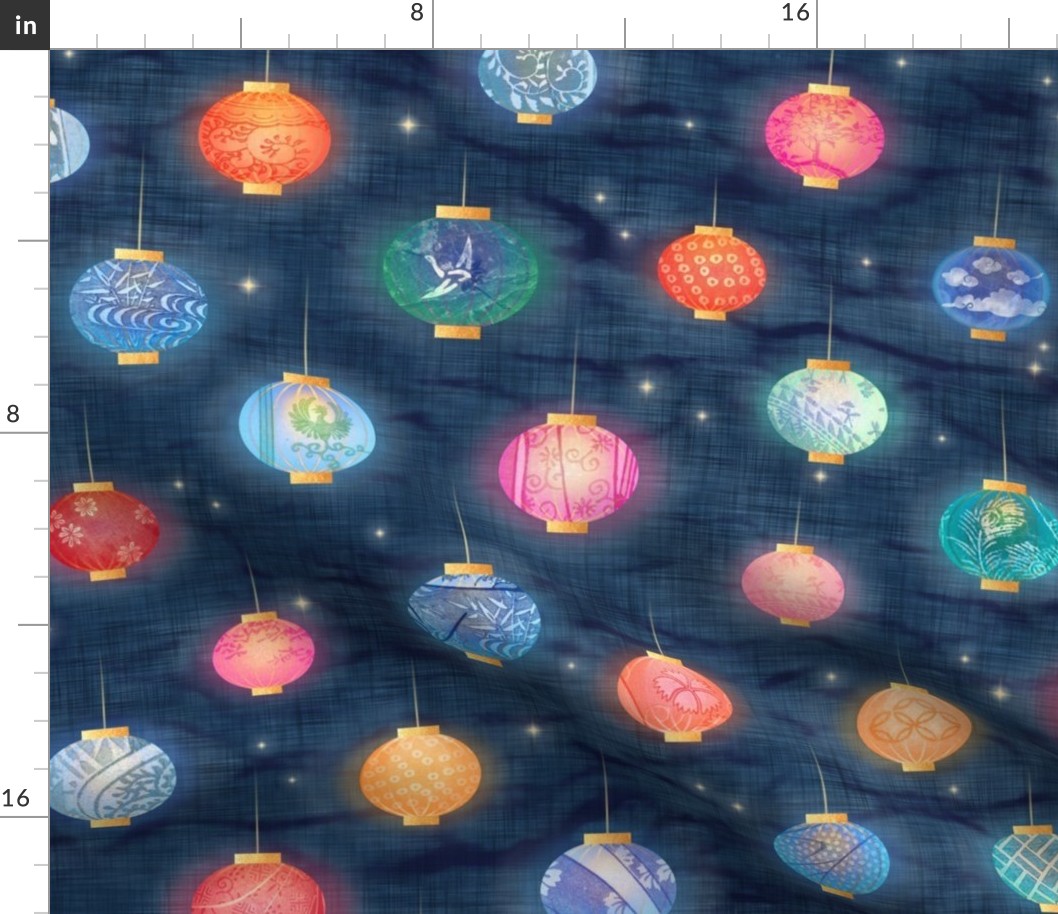 Paper Lanterns and Fireflies (xl scale) | Chinese lanterns on an indigo blue shibori linen background, Chinese New Year, Lunar New Year, Spring Festival, multicolored lanterns, Korean New Year, patterned lanterns on dark blue..