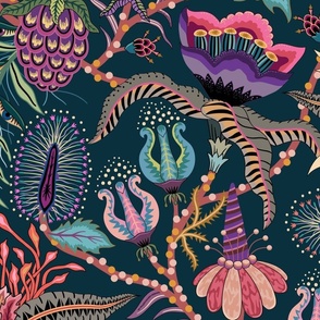 Otherworldly Botanicals - bright, colorful, quirky, large flowers and vines - dark teal - jumbo