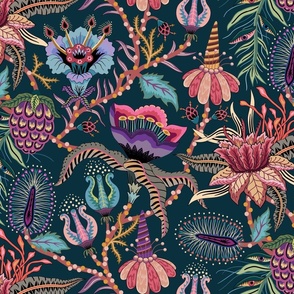 Otherworldly Botanicals - bright, colorful, quirky, large flowers and vines - dark teal - extra large