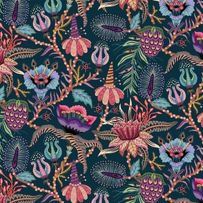 Otherworldly Botanicals - bright, colorful, quirky, large flowers and vines - dark teal - large