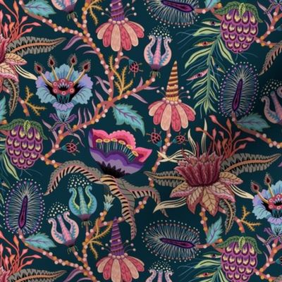 Otherworldly Botanicals - bright, colorful, quirky, large flowers and vines - dark teal - medium