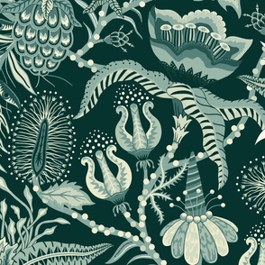 Otherworldly Botanicals - bright, quirky, large flowers and vines - forest green and cream monochrome - jumbo