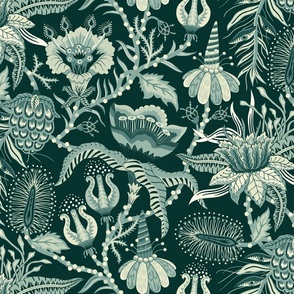 Otherworldly Botanicals - bright, quirky, large flowers and vines - forest green and cream monochrome - extra large