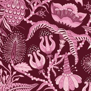 Otherworldly Botanicals - bright, quirky, large flowers and vines - warm pink, burgundy monochrome - jumbo