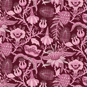 Otherworldly Botanicals - bright, quirky, large flowers and vines - warm pink, burgundy monochrome - large