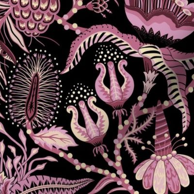 Otherworldly Botanicals - bright, quirky, large flowers and vines - burgundy, mauve, marsala, creamy yellow - large