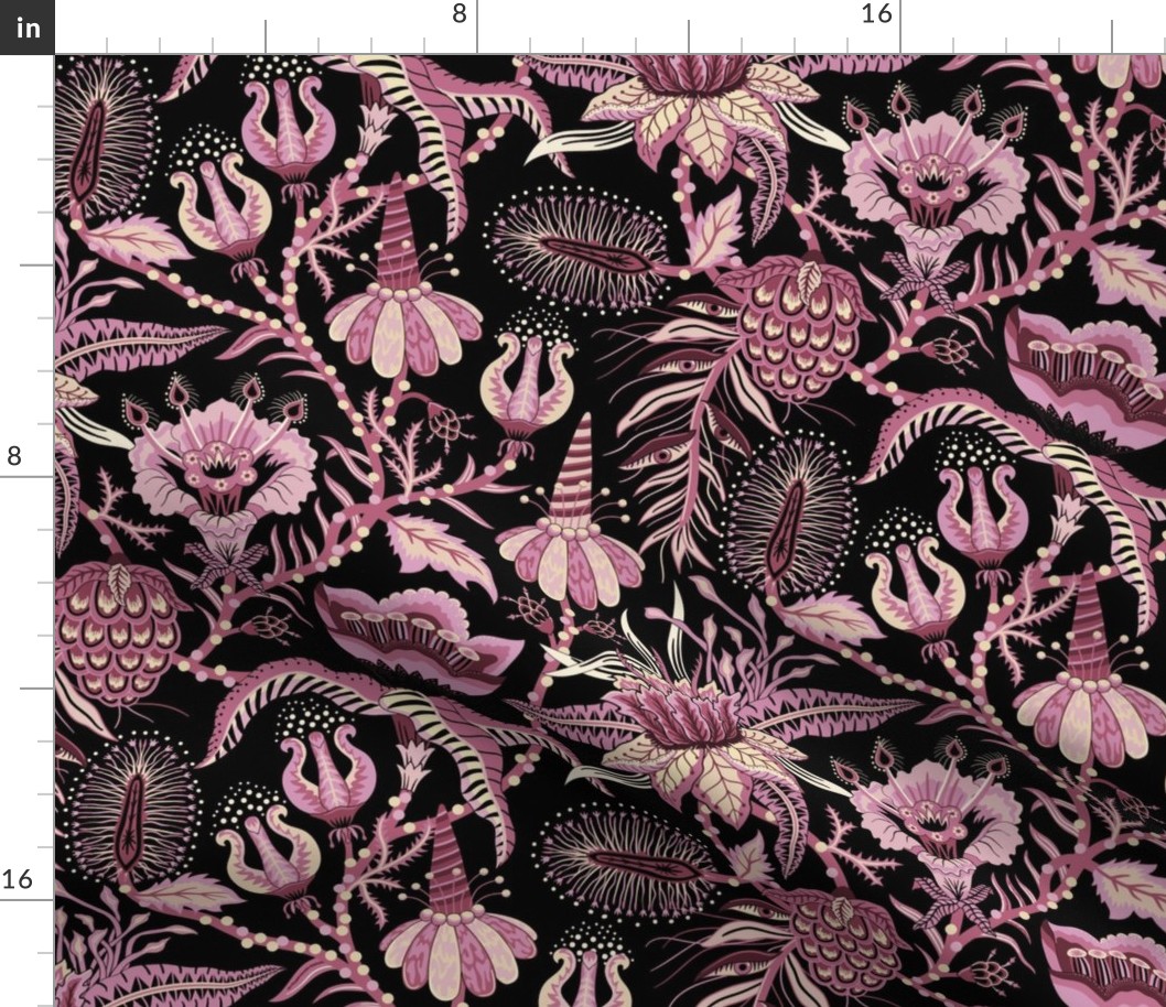 Otherworldly Botanicals - bright, quirky, large flowers and vines - burgundy, mauve, marsala, creamy yellow - large