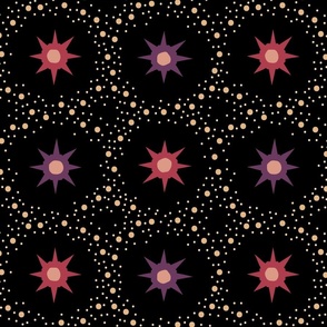 Otherworldly geometric stars and dots - red and purple on black - coordinate for Otherworldly Botanicals - large