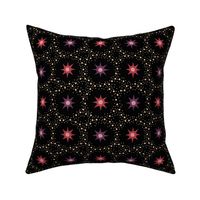 Otherworldly geometric stars and dots - red and purple on black - coordinate for Otherworldly Botanicals - medium