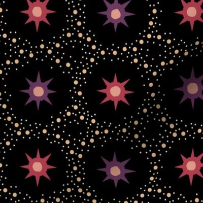 Otherworldly geometric stars and dots - red and purple on black - coordinate for Otherworldly Botanicals - medium