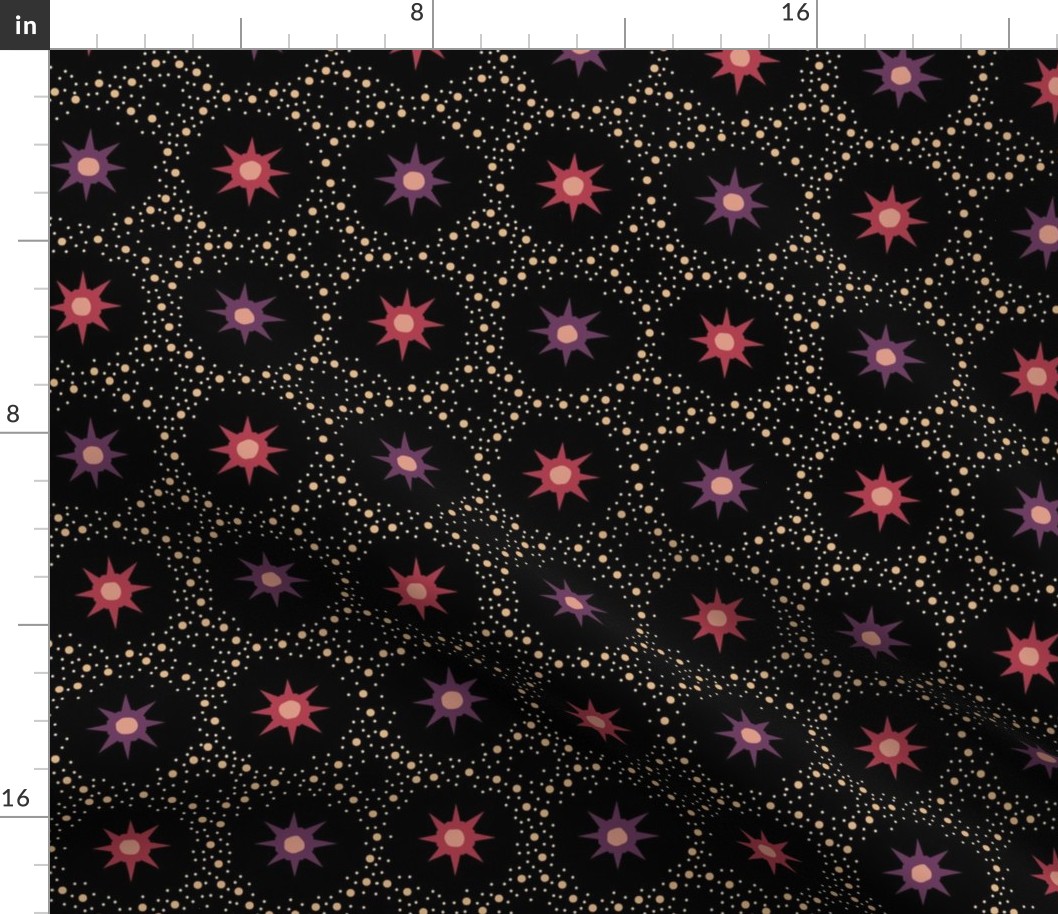 Otherworldly geometric stars and dots - red and purple on black - coordinate for Otherworldly Botanicals - medium