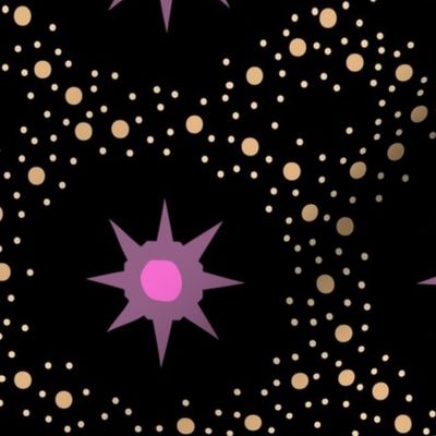 Otherworldly geometric stars and dots - purples and pinks on black - coordinate for Otherworldly Botanicals - large