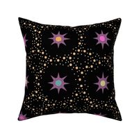 Otherworldly geometric stars and dots - purples and pinks on black - coordinate for Otherworldly Botanicals - large