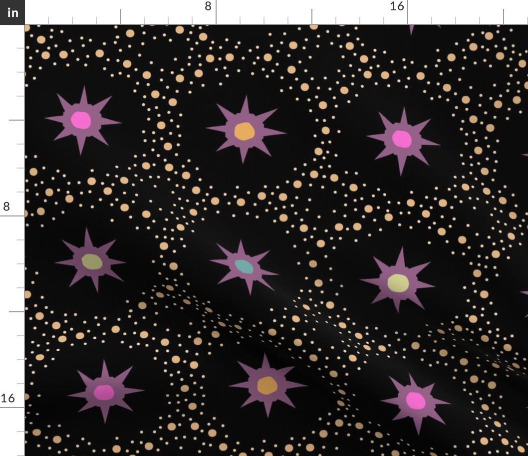 Otherworldly geometric stars and dots - purples and pinks on black - coordinate for Otherworldly Botanicals - large